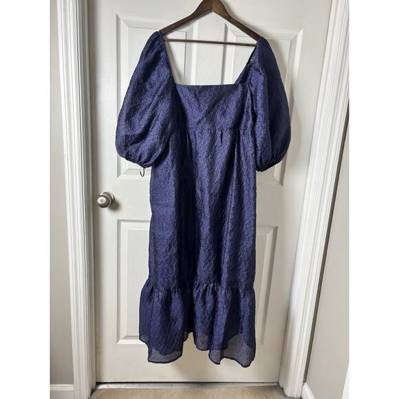 BY ANTHROPOLOGIE NAVY BLUE DELICATE TEXTURED PUFF SLEEVE DRESS XL - Picture 3 of 6